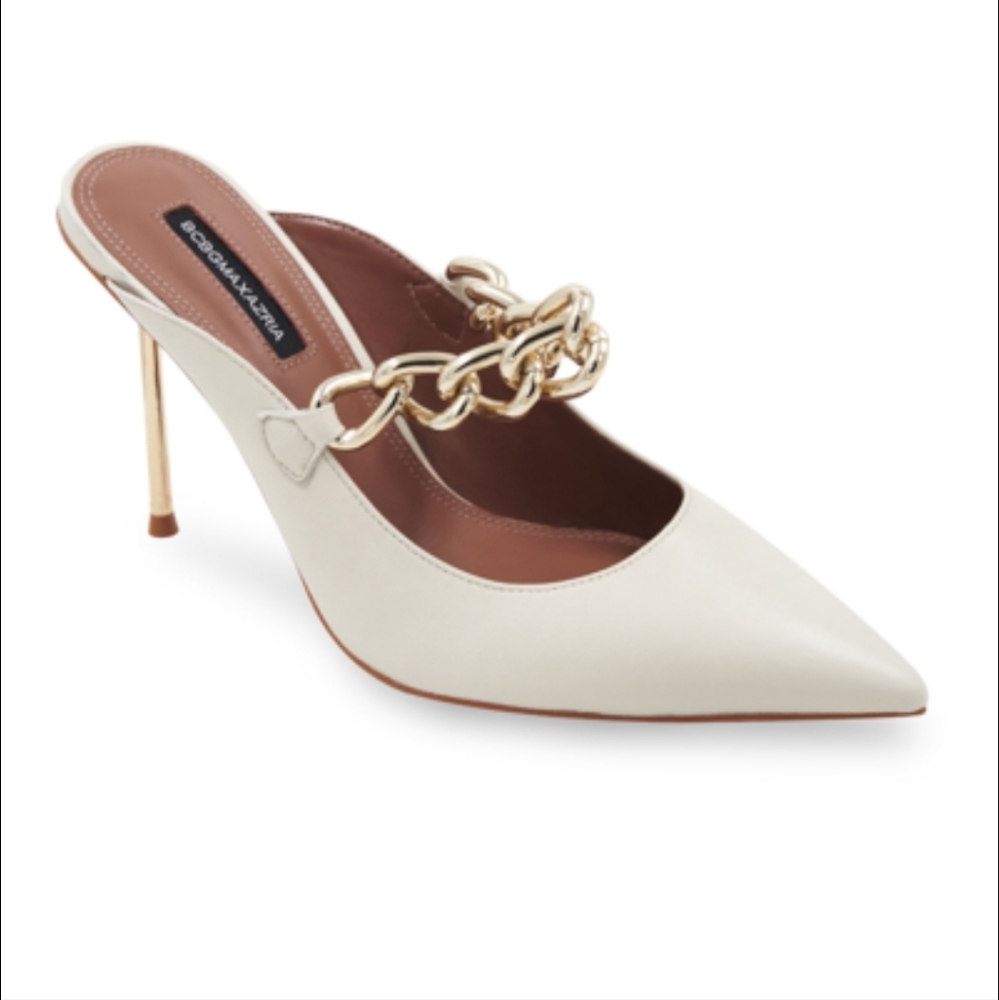 BCBGMAXAZRIA size 9 Cream Heels with Gold Chain Detail. Marlise.NIB